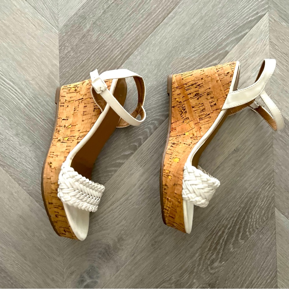White braided cork heel wedge shoes